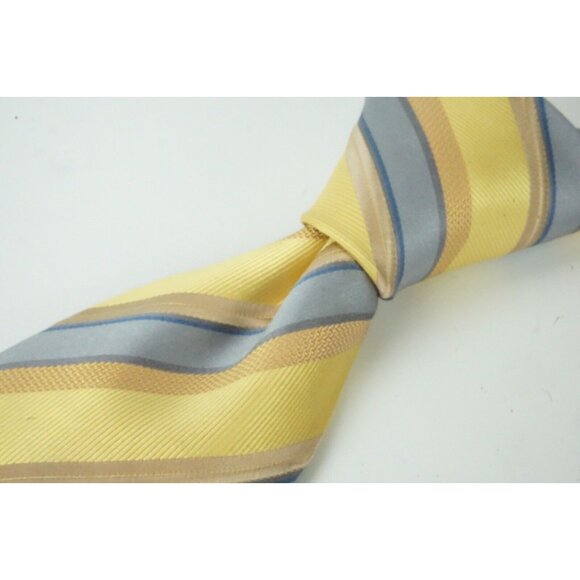 Brioni Stainless Gray Lemon Yellow Striped Woven Hand Made Silk Tie